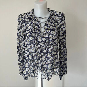 Zara Floral Daisy Blouse Corset Lace Up Long Sleeve V Neck  Lightweight Sz S